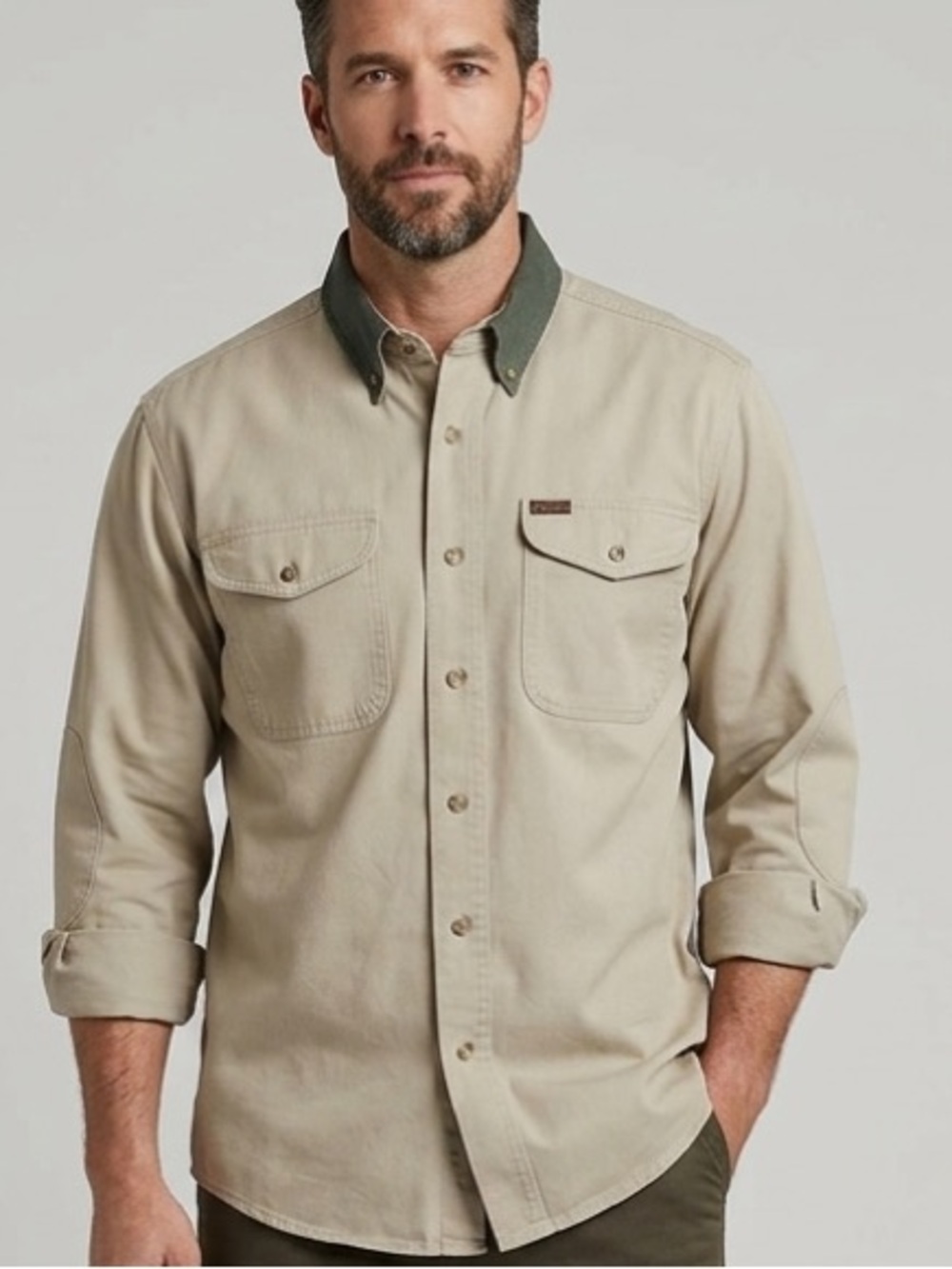 Woolrich Vintage Y2K Cotton Canvas Work Shirt Mens L Khaki Elbow Patches